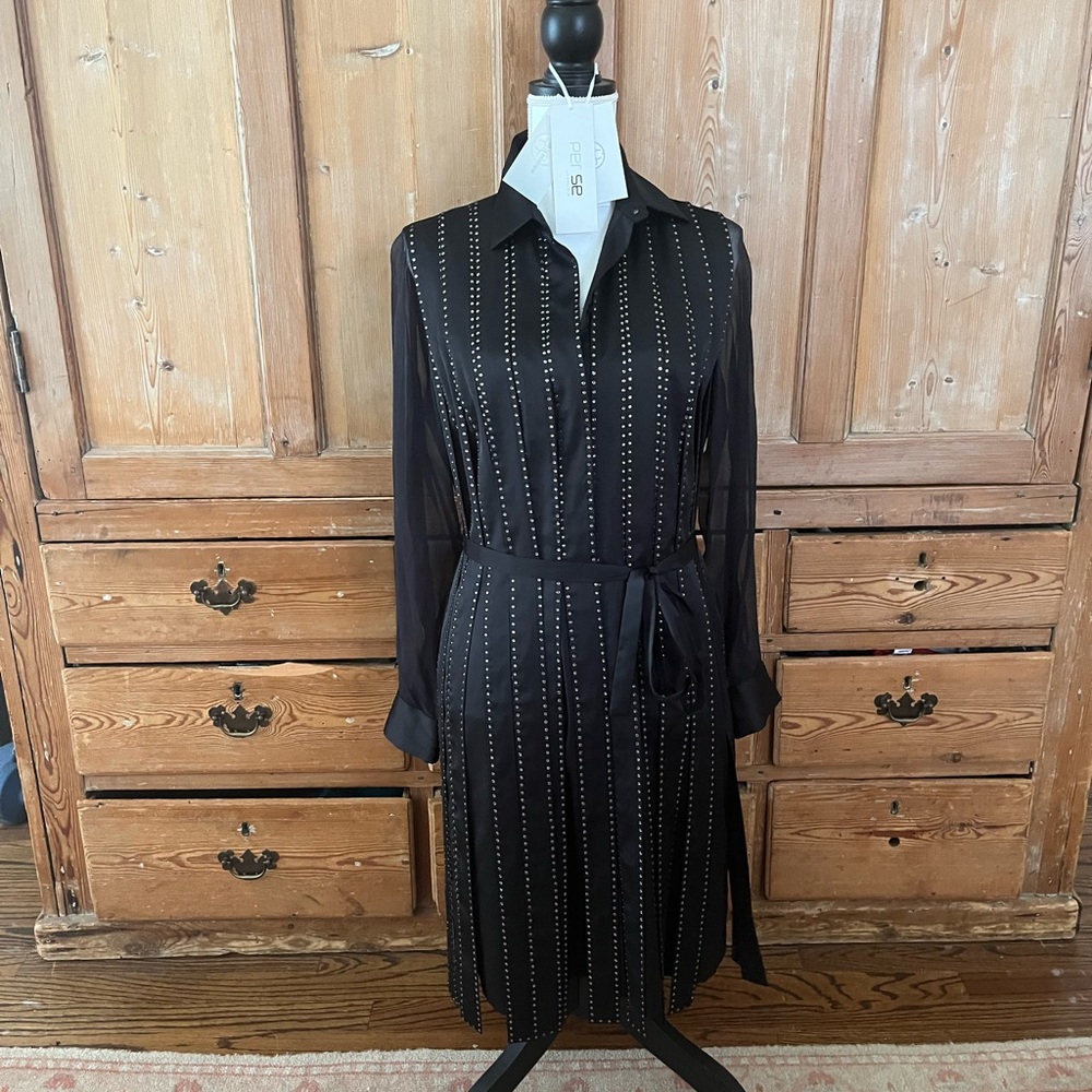 Per Se Black Long Sleeve Dress with Striped Sparkly Tassels